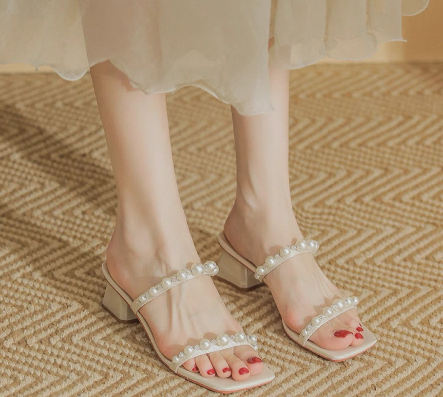 Pearl Strap Block Heel Sandals