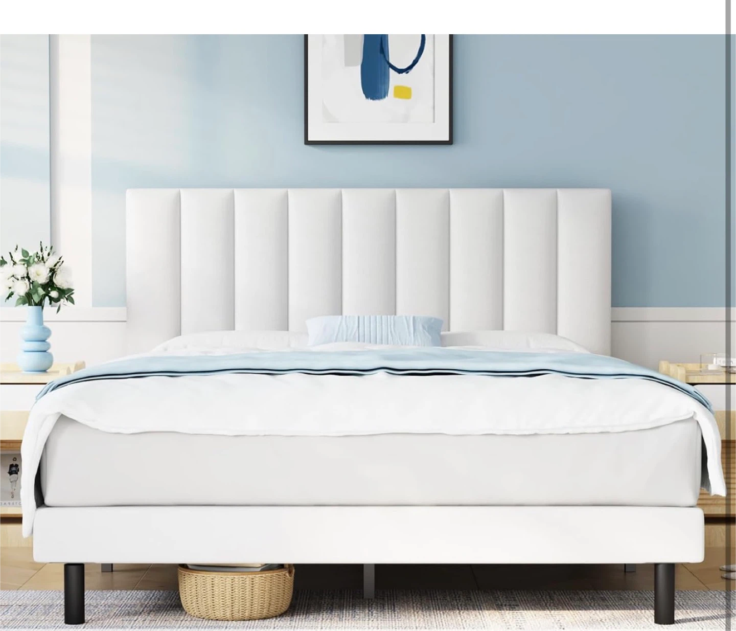 Queen Size Bed Frame with Headboard - White and Mattress - photo 3