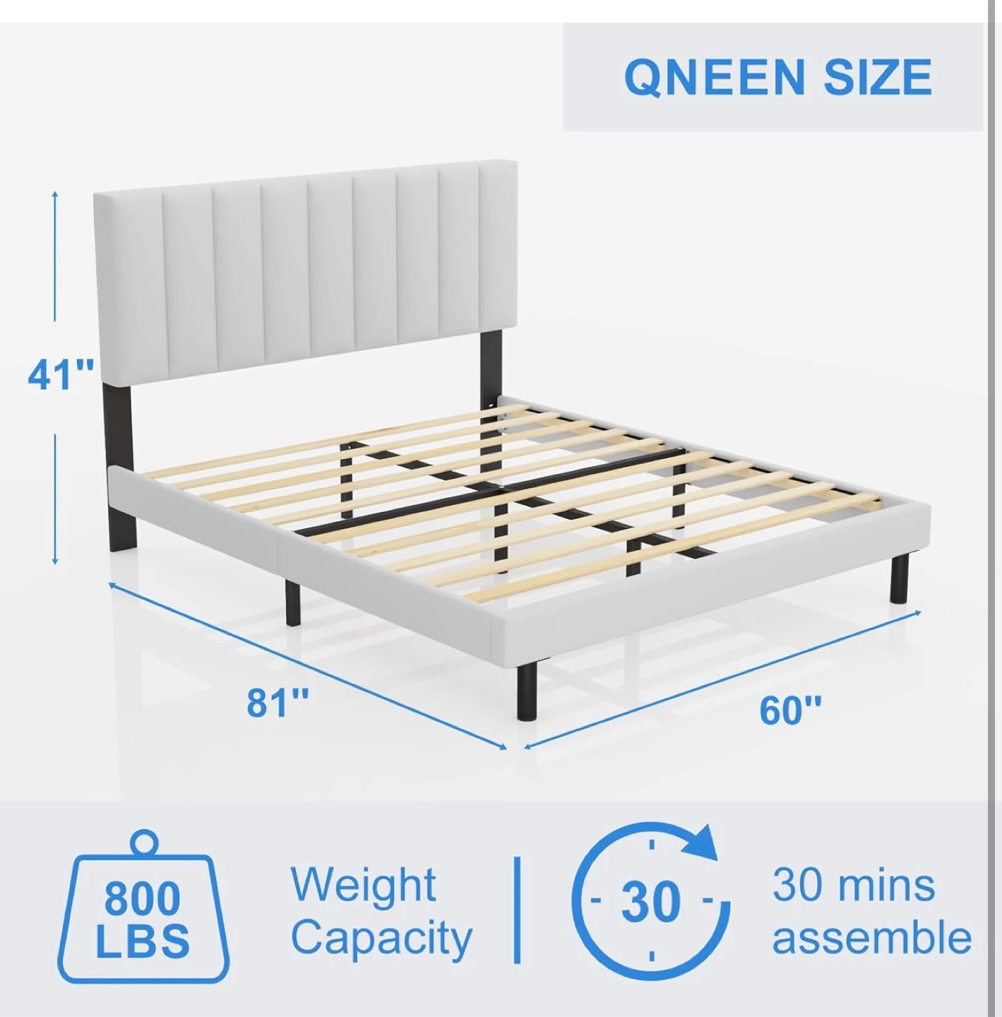 Queen Size Bed Frame with Headboard - White and Mattress - photo 4