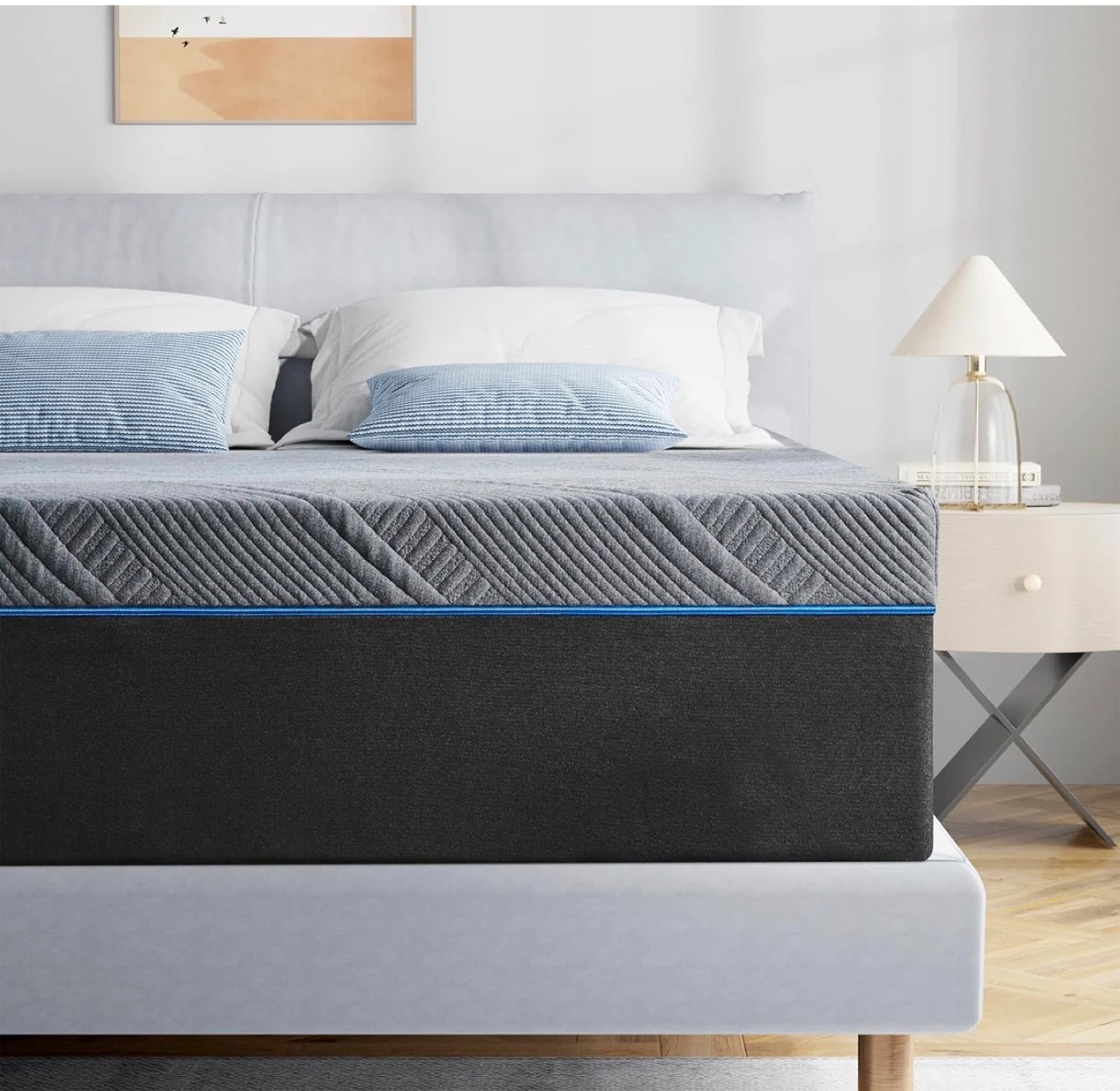 Queen Size Bed Frame with Headboard - White and Mattress - photo 2