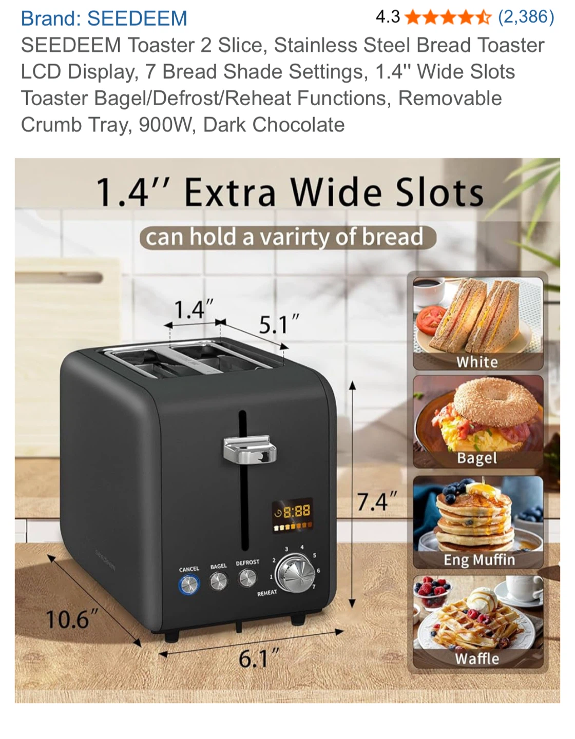SEEDEEM 2-Slice Stainless Steel Toaster - Dark Chocolate - photo 2