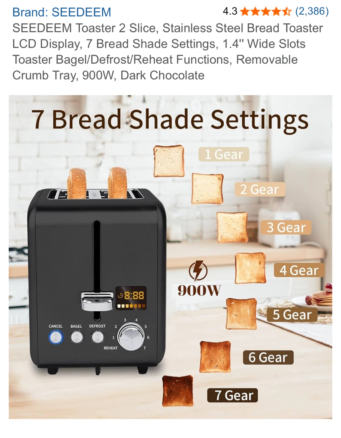 SEEDEEM 2-Slice Stainless Steel Toaster - Dark Chocolate - photo 4