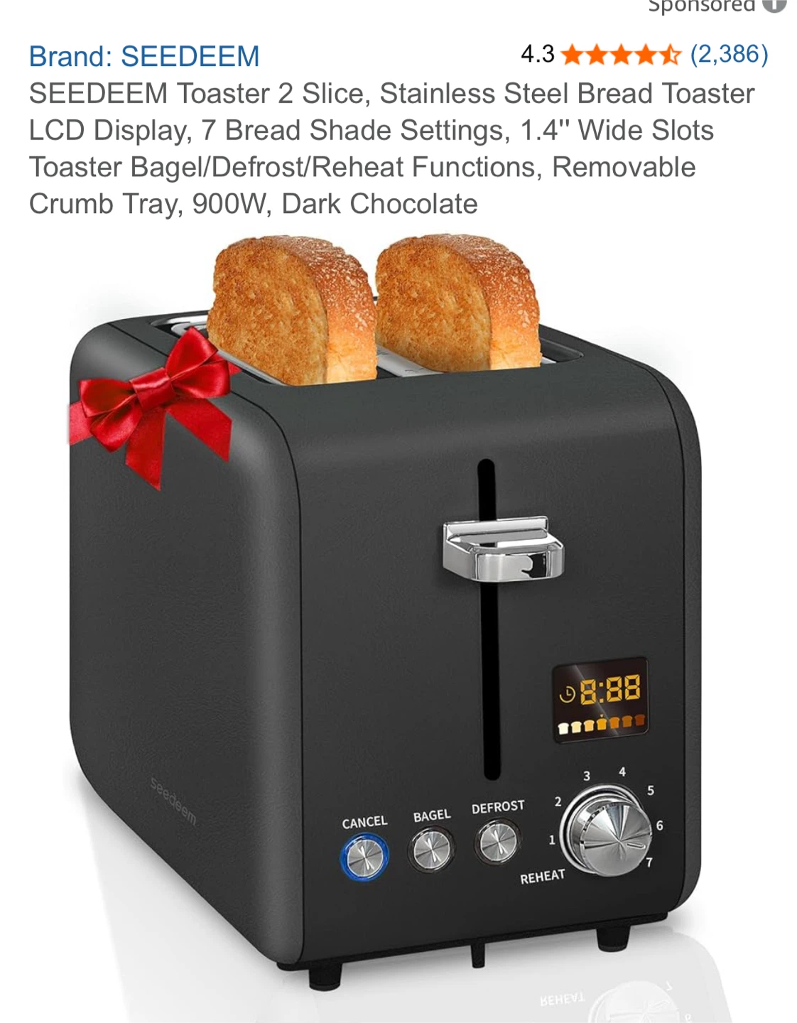 SEEDEEM 2-Slice Stainless Steel Toaster - Dark Chocolate