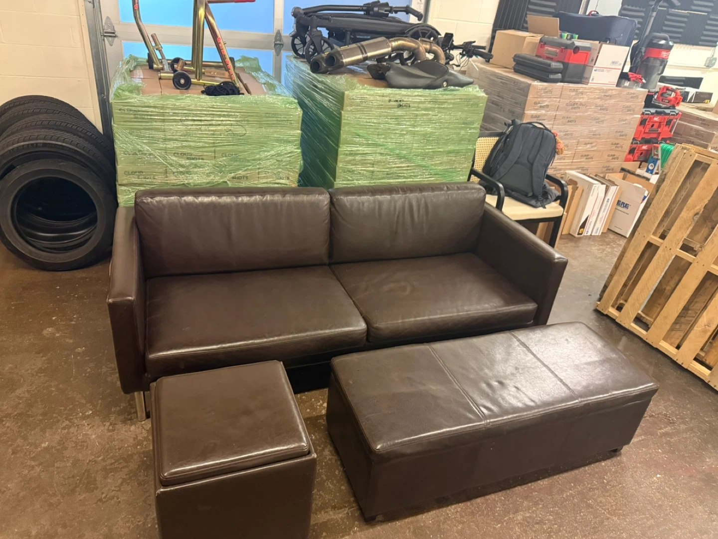 Modern Dark Brown Leather Sofa + 2 Storage Ottomans (Delivered!)