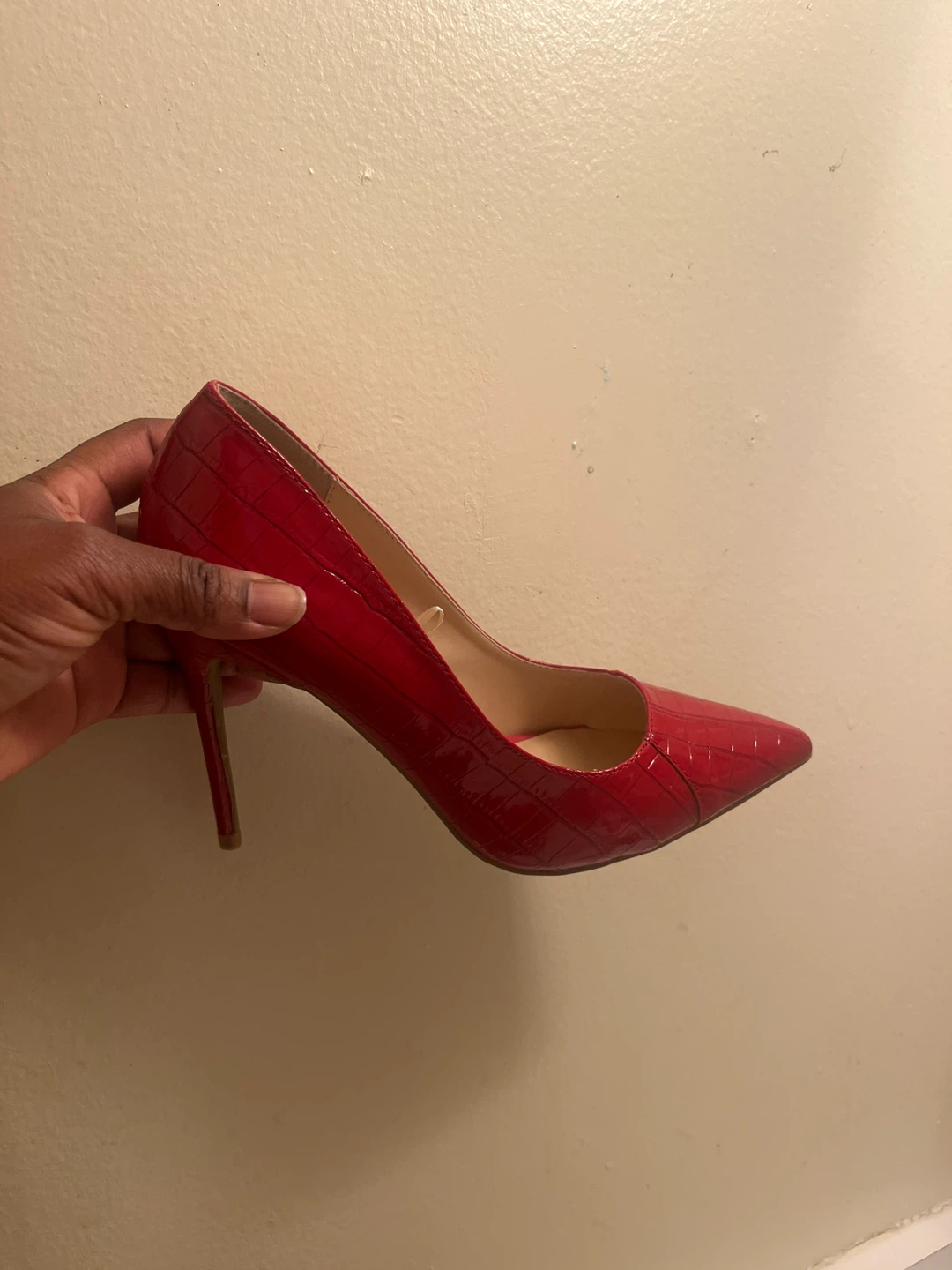 Red Croc-Embossed Pointed Heels