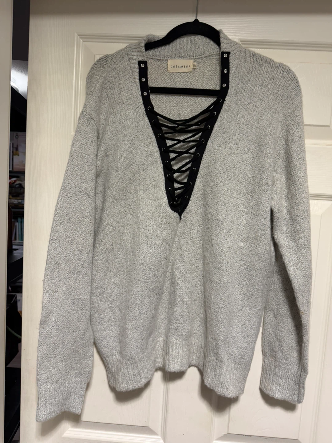Dreamers Grey Lace-Up Sweater - Size S/M