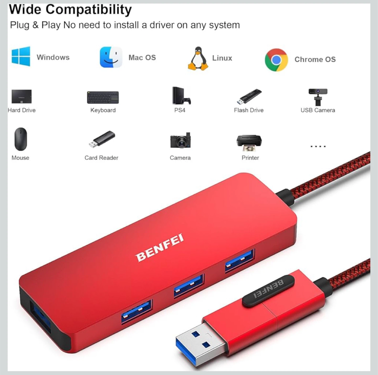 BENFEI 4-in-1 USB Hub - Red - photo 4