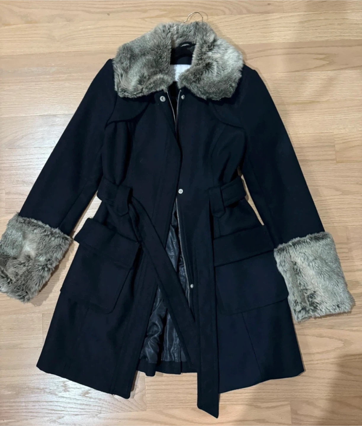 Navy Winter Coat with Faux Fur Trim