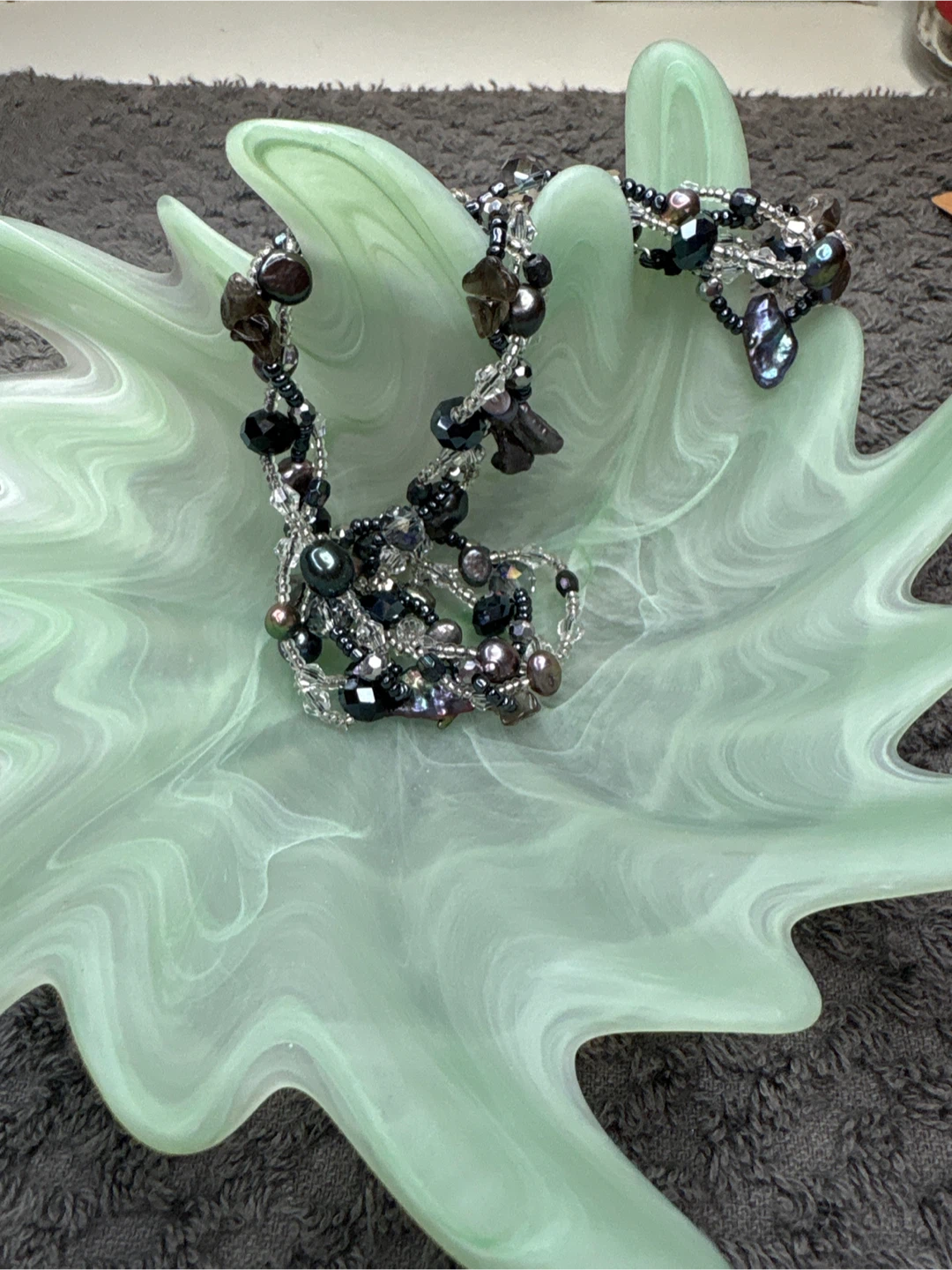 Peacock pearls & crystal necklace with fancy bowl.