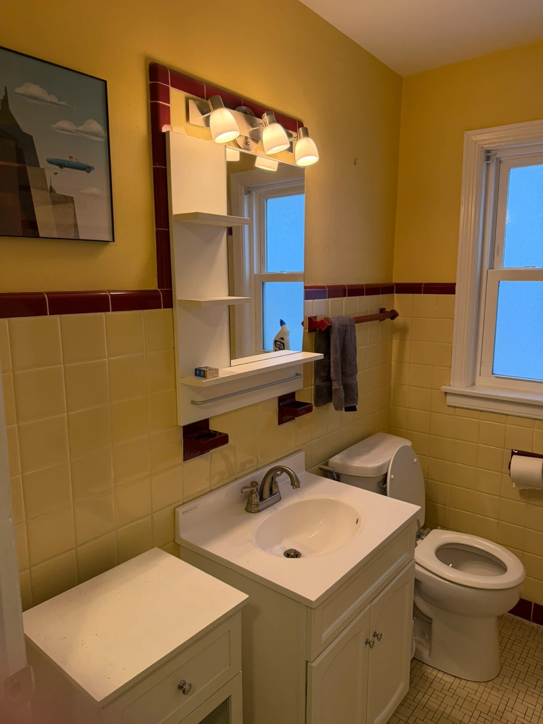 Bathroom Mirror, Light ,vanity with faucet, small cabinet