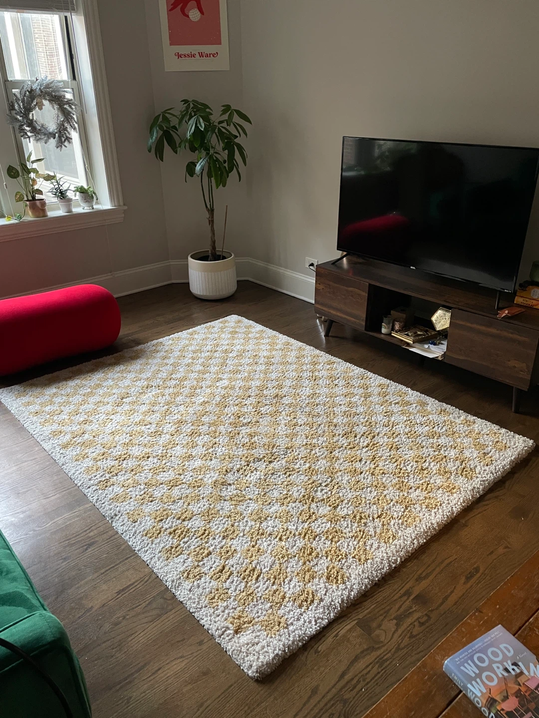 Cream & Mustard Patterned Shag Rug