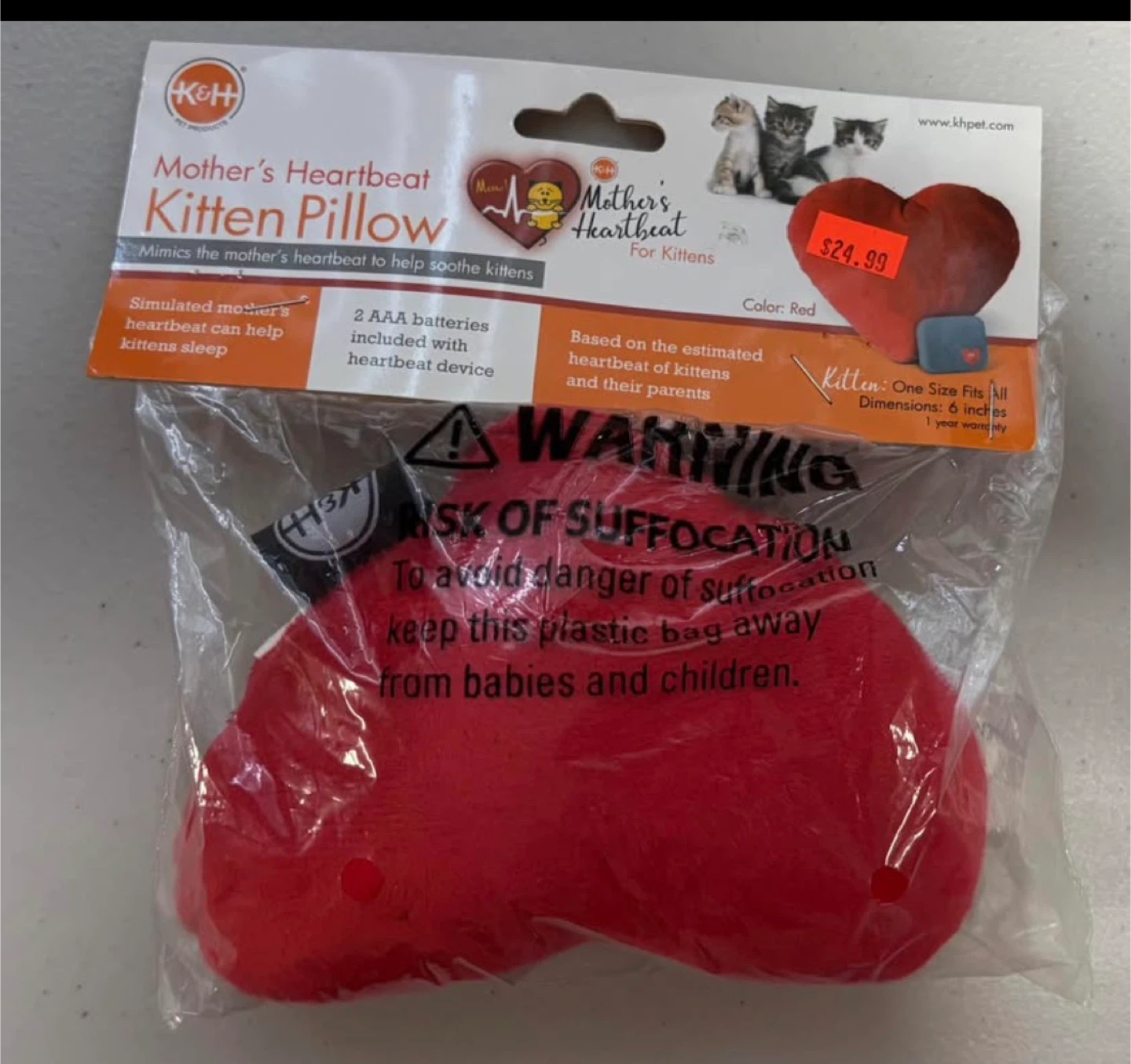 K&H Mother's Heartbeat Kitten Pillow - Red