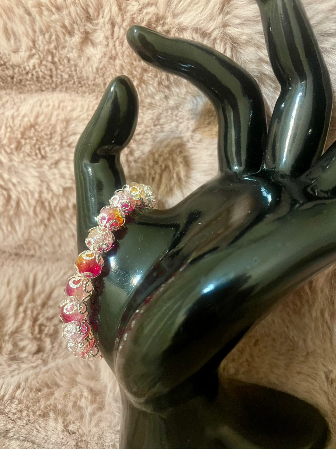 Beaded Bracelet - Pink Crackle Beads & Silver Flower Cap - photo 2