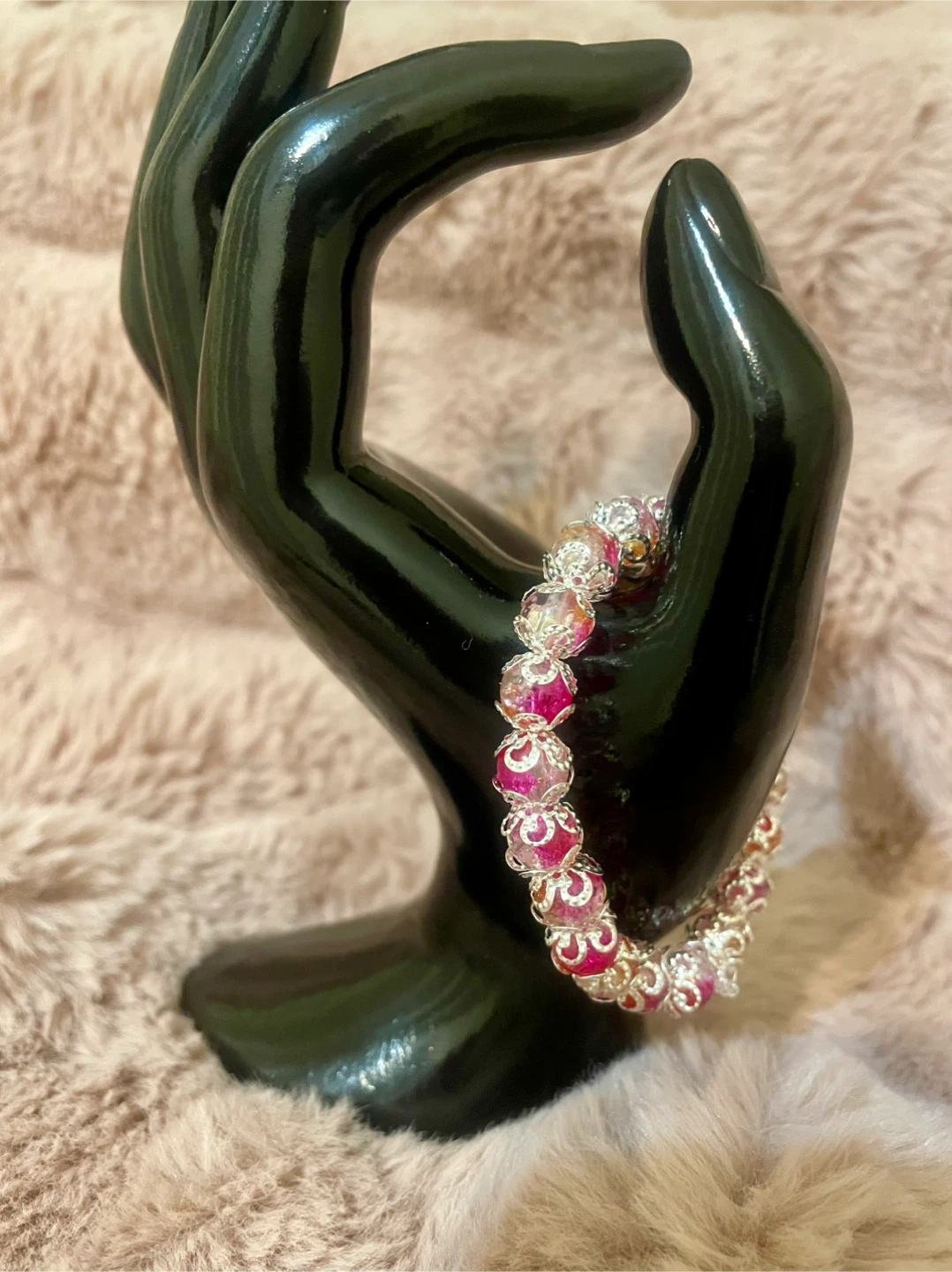 Beaded Bracelet - Pink Crackle Beads & Silver Flower Cap