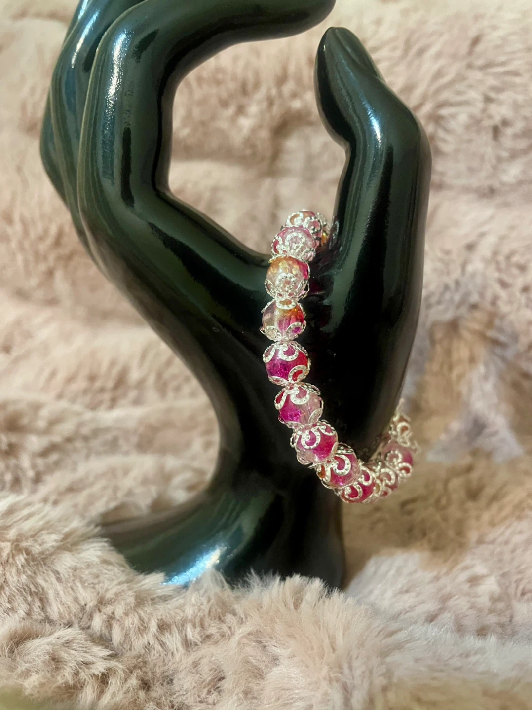 Beaded Bracelet - Pink Crackle Beads & Silver Flower Cap - photo 3