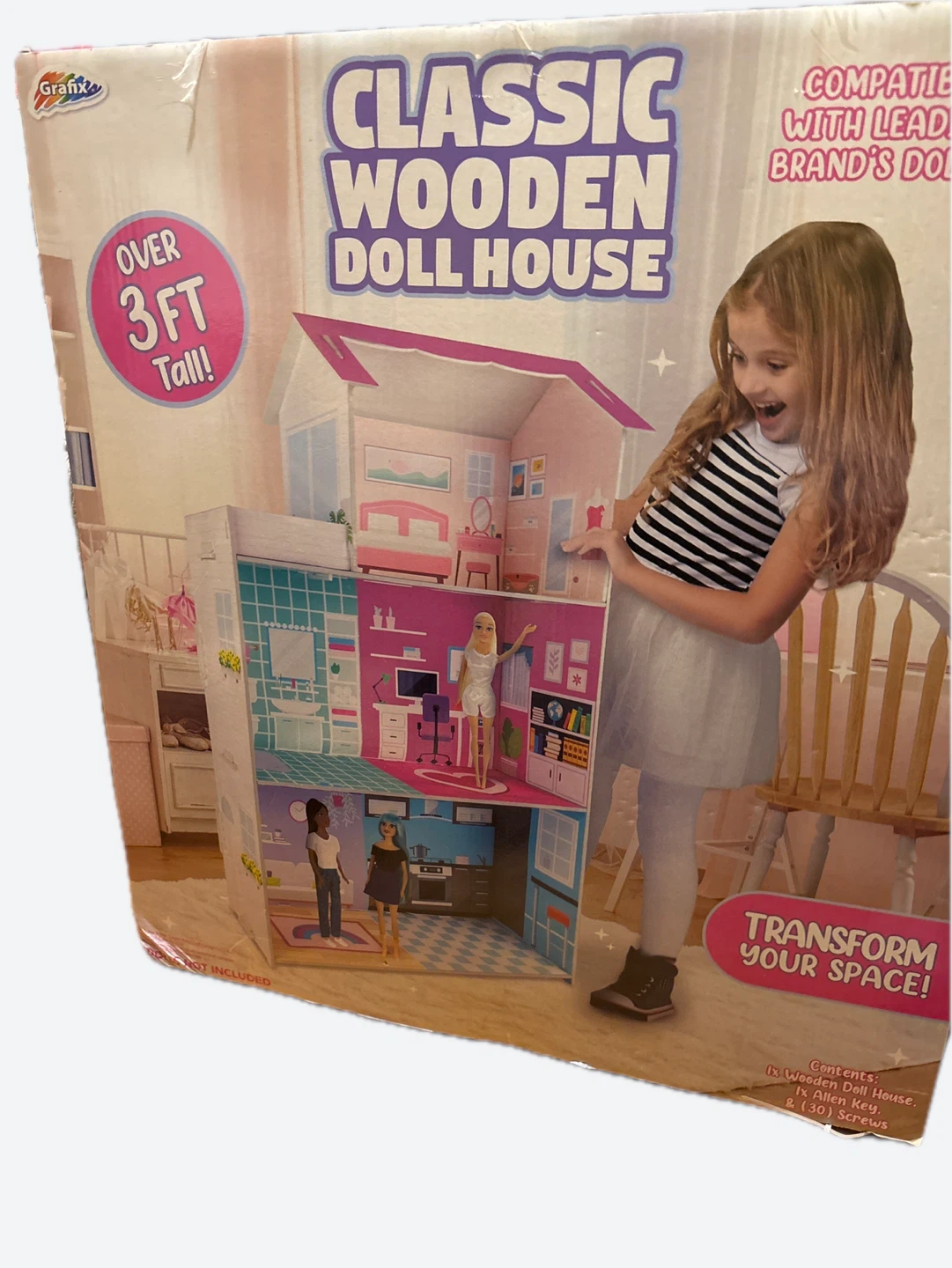 Grafix Classic Wooden Doll House - Over 3ft Tall!