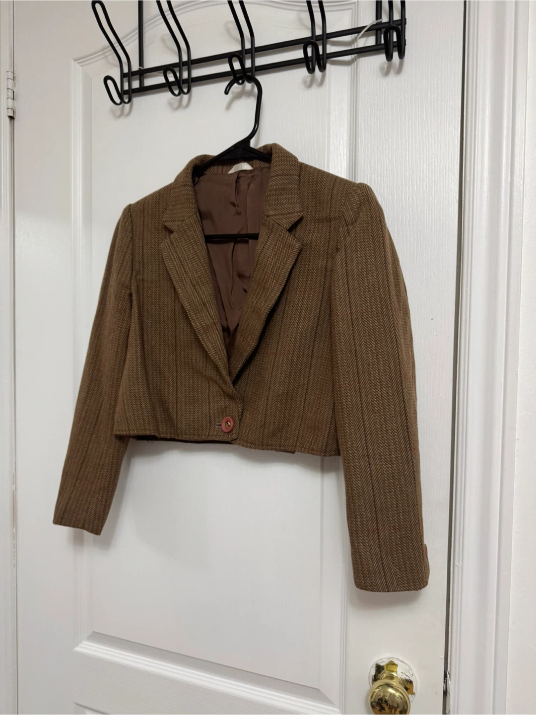 Brown Herringbone Cropped Blazer