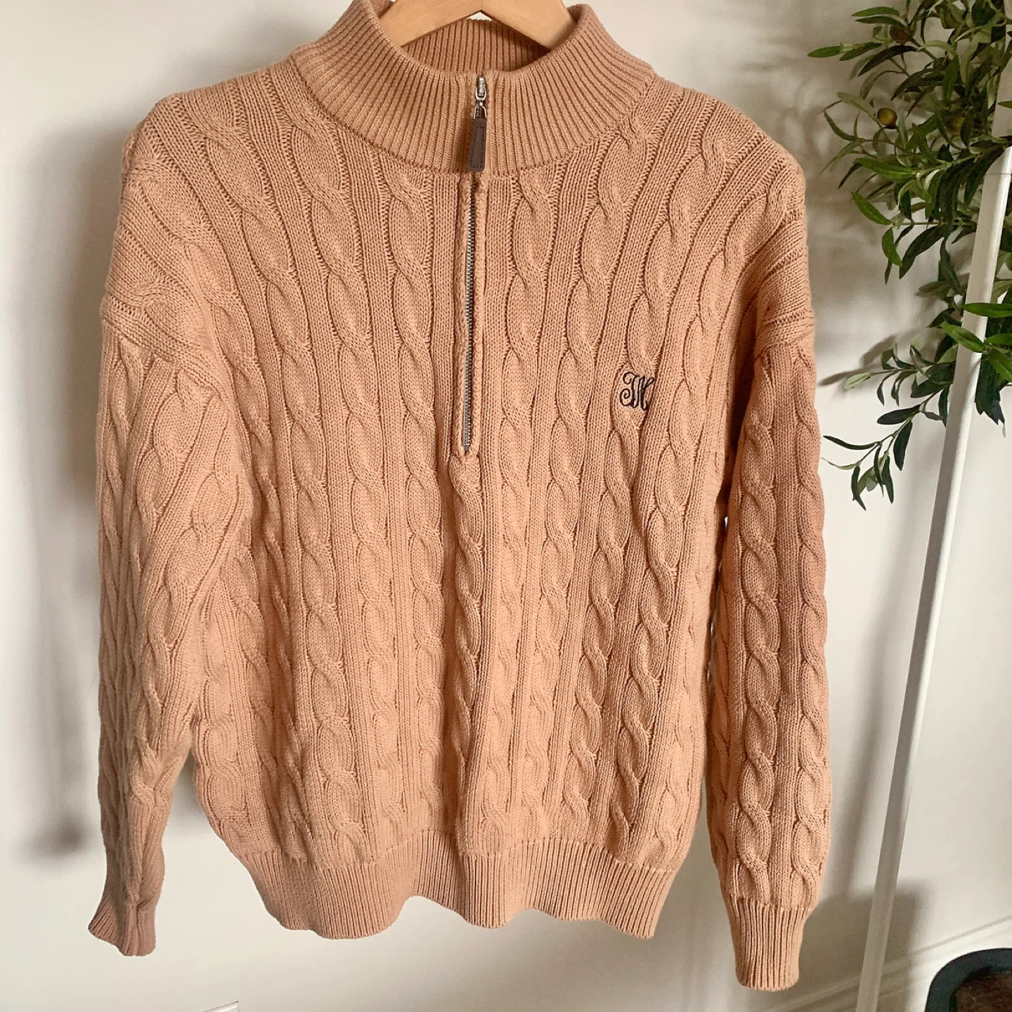 New Beige Cable Knit Quarter-Zip Sweater
