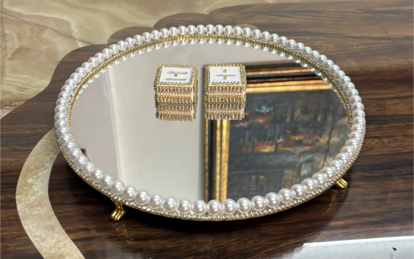 Round Mirror Tray with Faux Pearls & gold rhinestone Border - photo 3