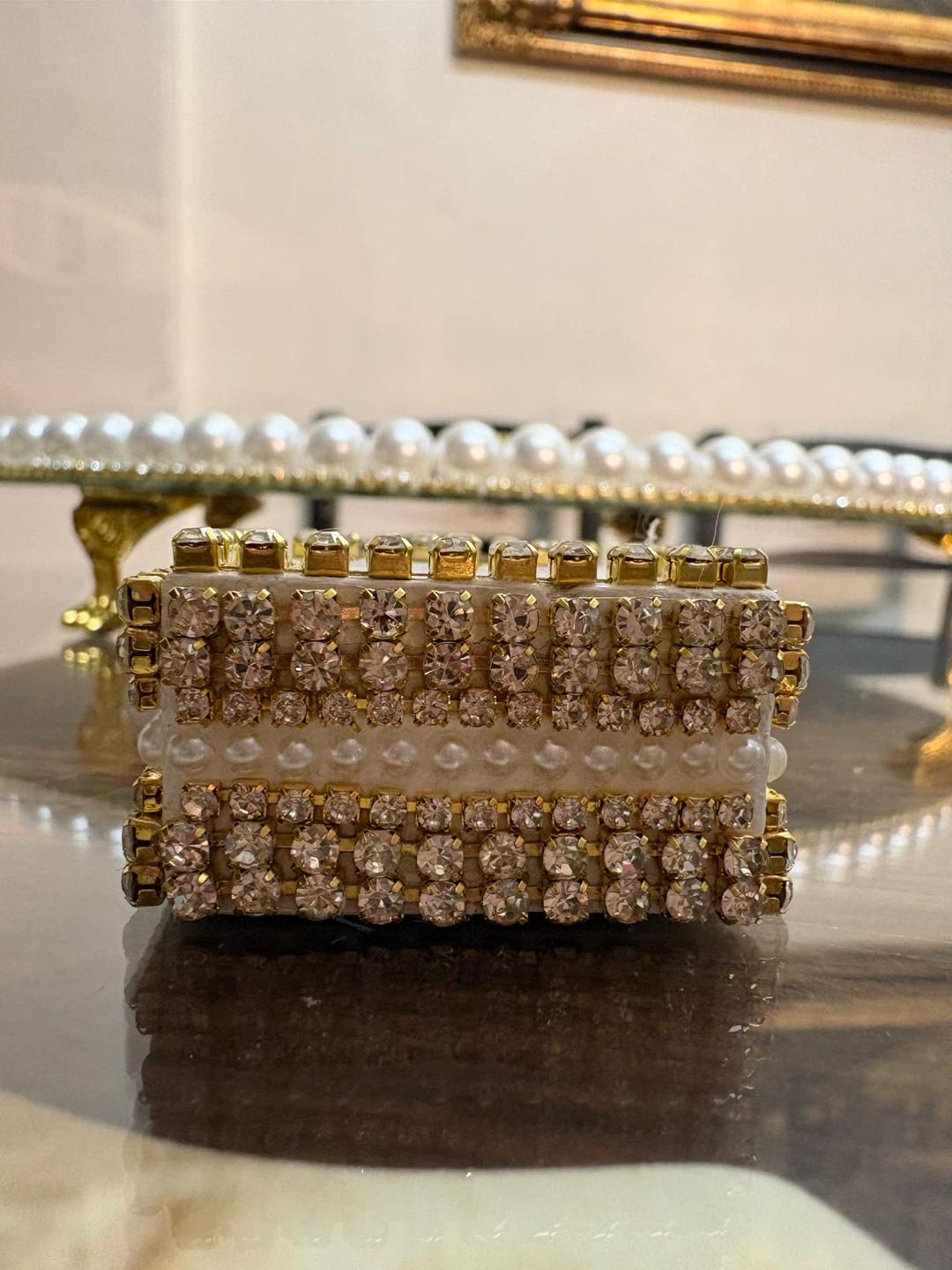 Round Mirror Tray with Faux Pearls & gold rhinestone Border - photo 2