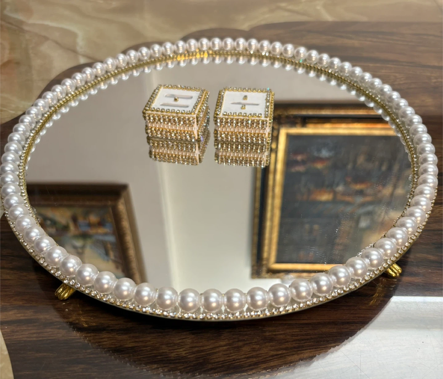 Round Mirror Tray with Faux Pearls & gold rhinestone Border - photo 5