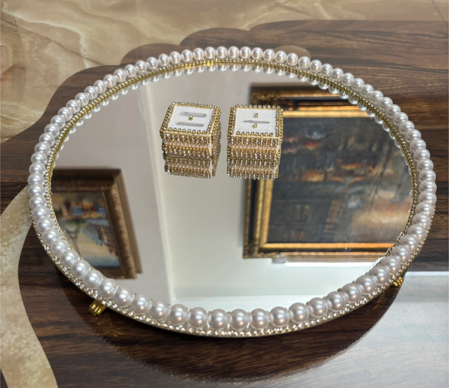 Round Mirror Tray with Faux Pearls & gold rhinestone Border