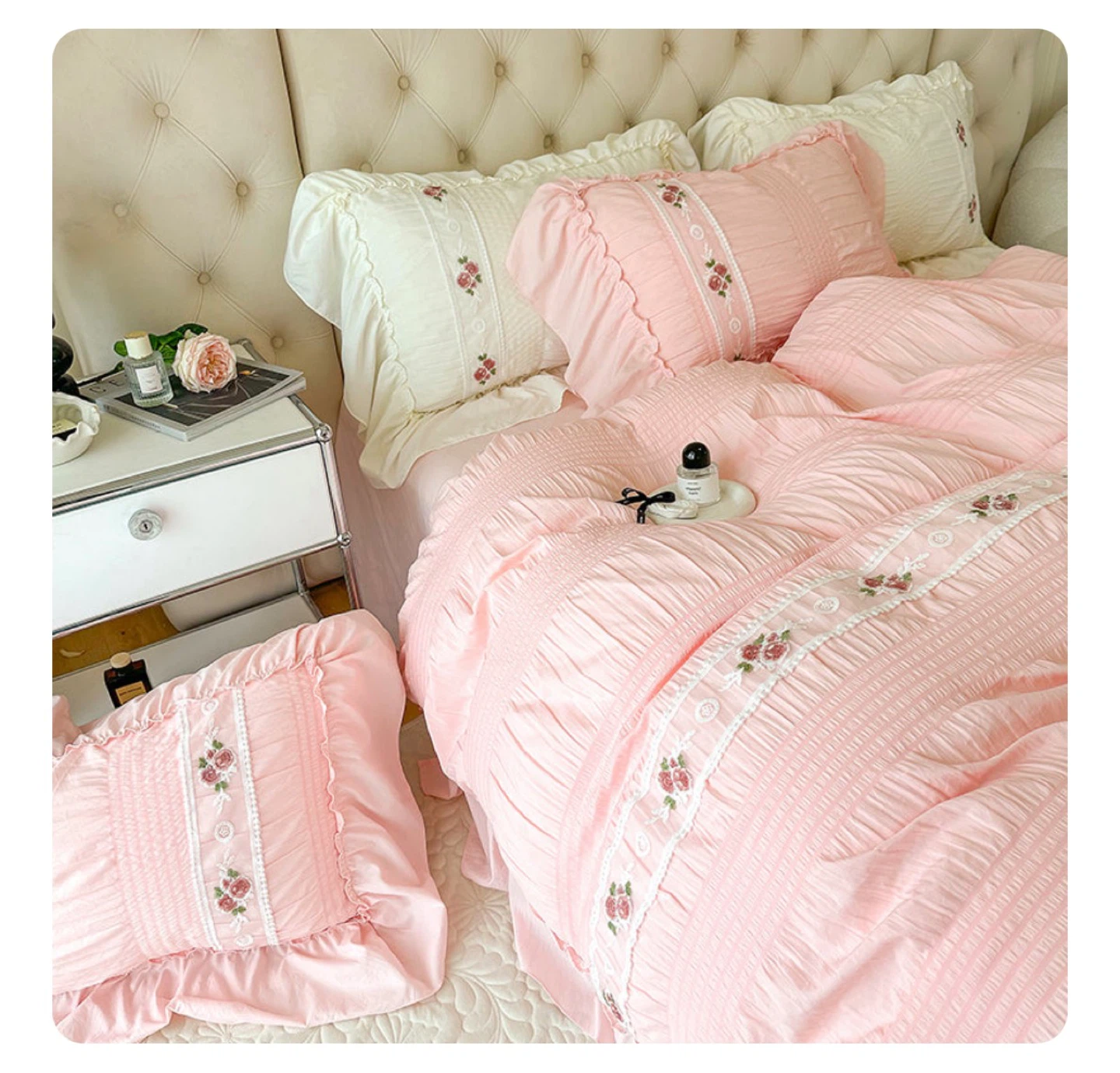 Pink Floral Bedding Set - Queen Size 4PC SET Fitted Bed Sheet - photo 4