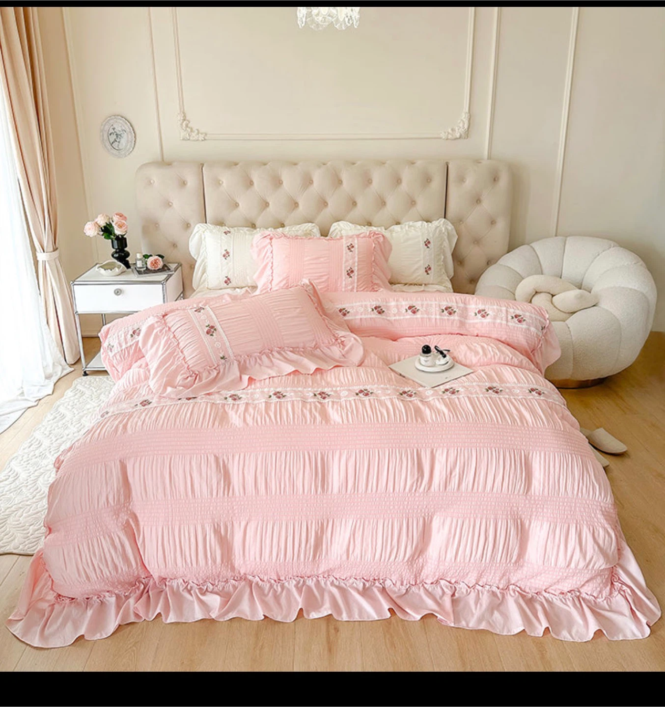 Pink Floral Bedding Set - Queen Size 4PC SET Fitted Bed Sheet