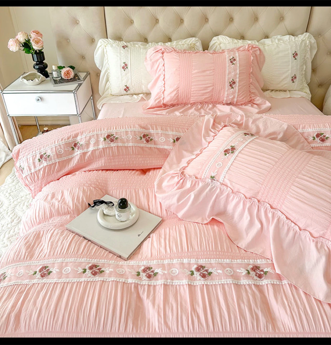Pink Floral Bedding Set - Queen Size 4PC SET Fitted Bed Sheet - photo 3