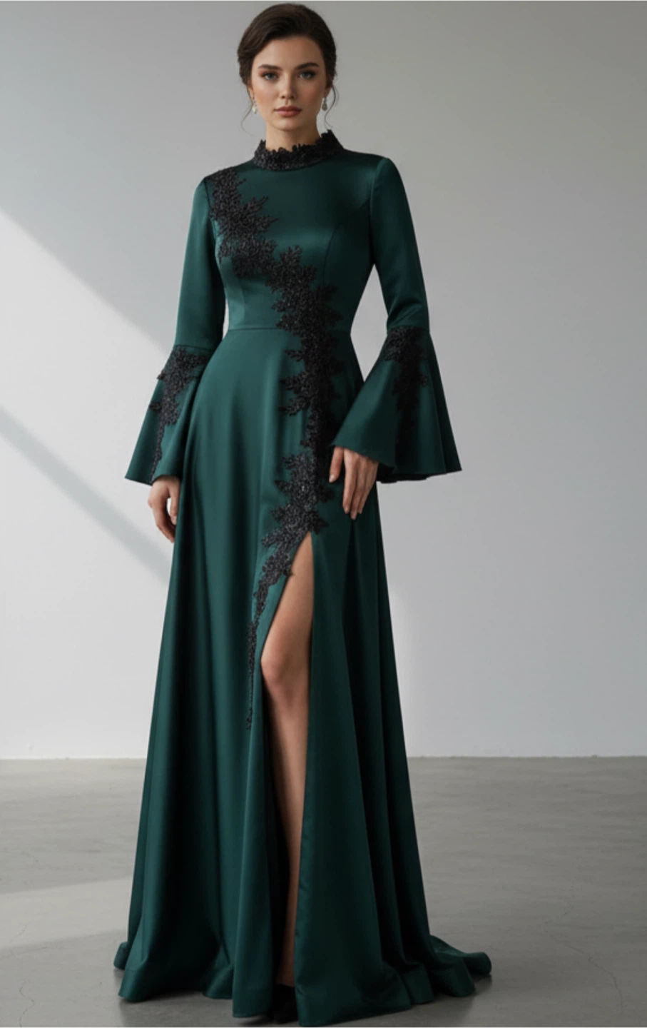 Green Maxi Dress with Black Lace Detail