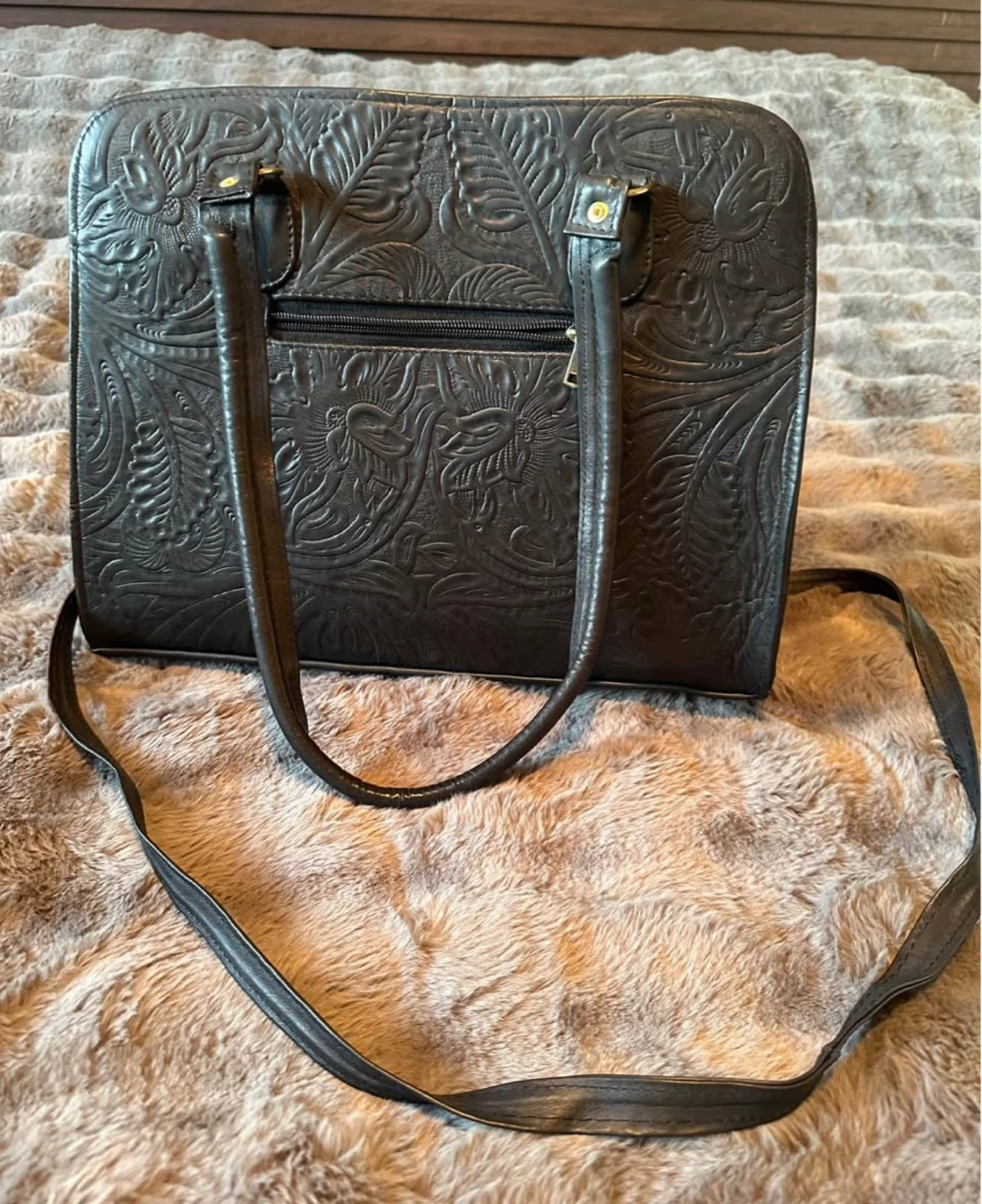 Black Leather Embossed Purse Crossbody