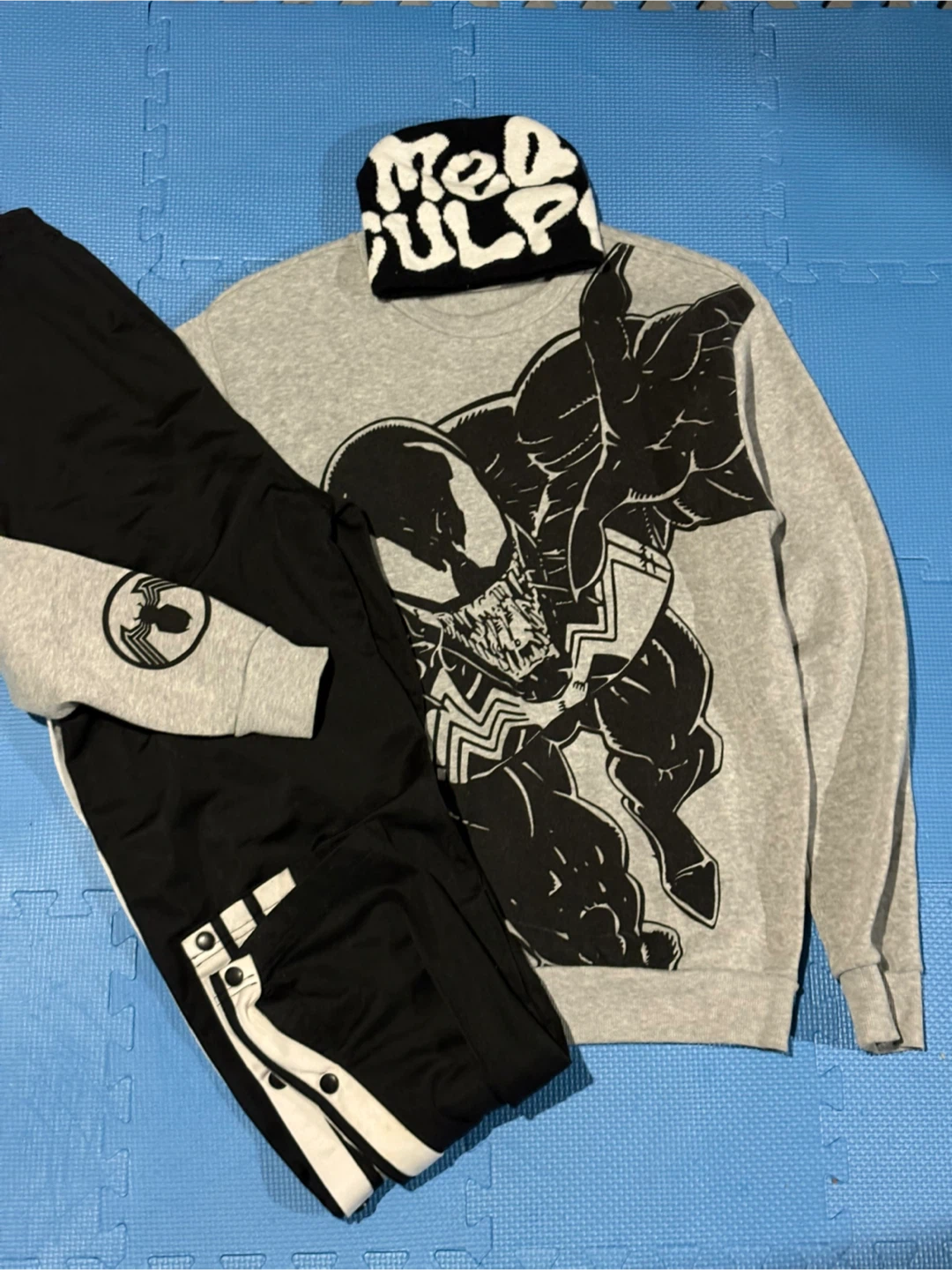 Venom Graphic Sweatshirt, Black Track Pants, and Beanie