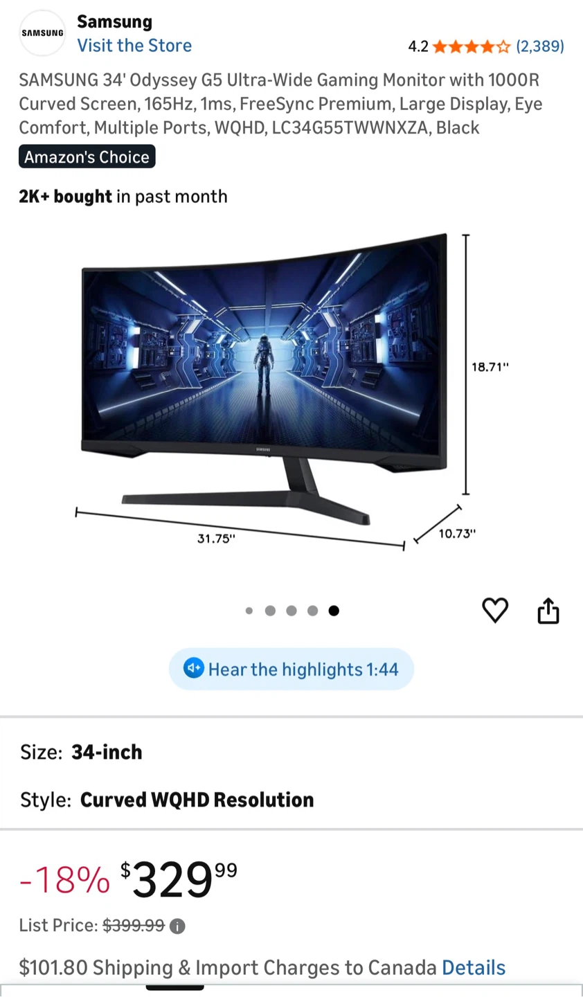 Samsung 34' Odyssey G5 Ultra-Wide Gaming Monitor