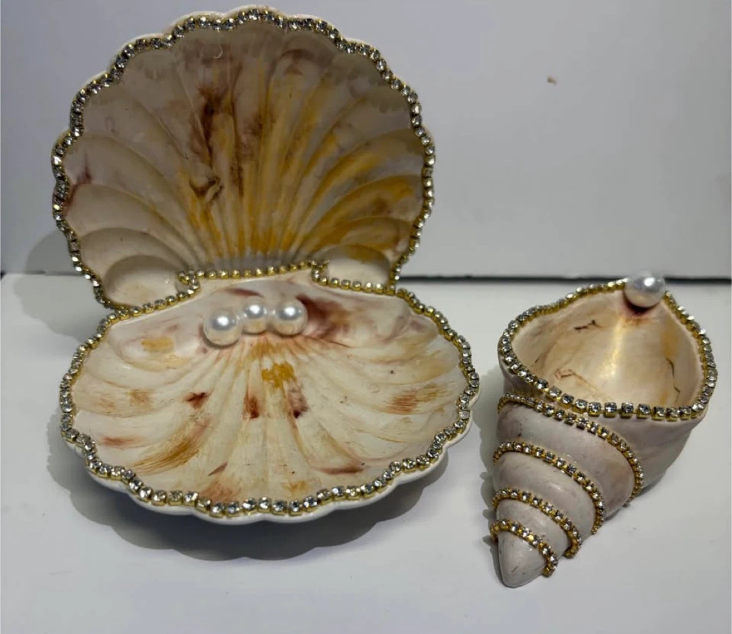 Handmade brown and gold marble coastal seashell trinket