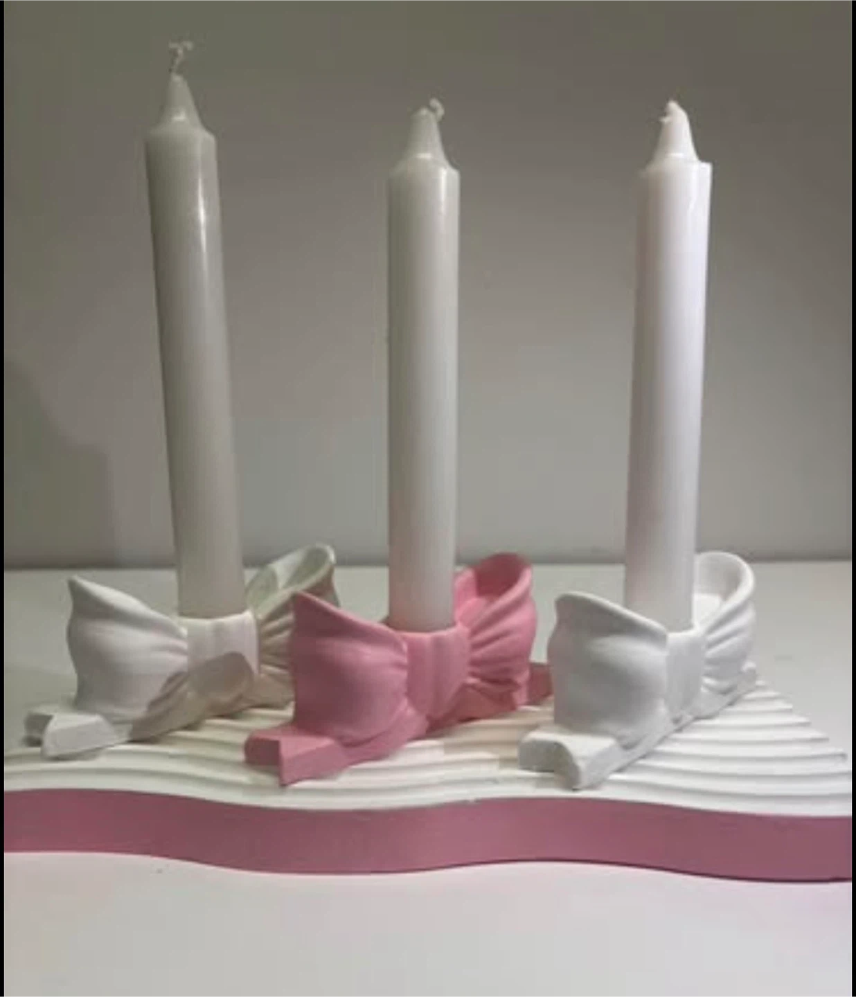 Handmade tray with 3 Pink and White Ribbon Candlestick Stand