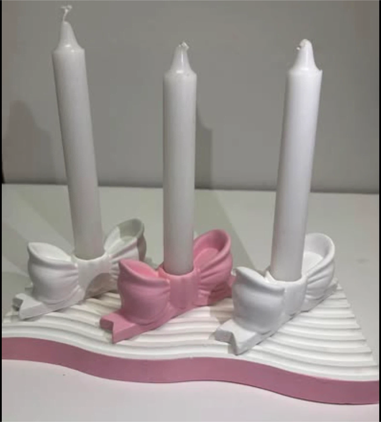 Handmade tray with 3 Pink and White Ribbon Candlestick Stand - photo 3