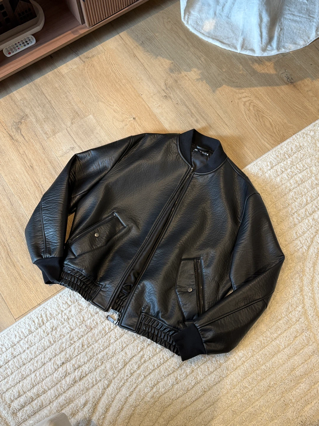 ZARA Black Leather Bomber Jacket - Size L