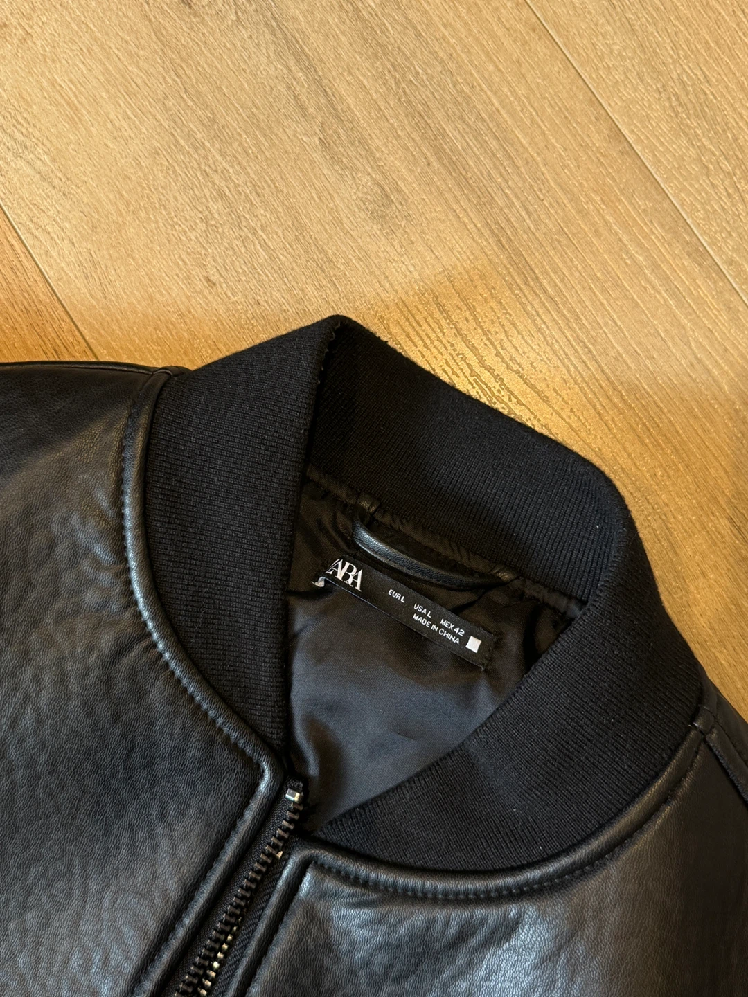 ZARA Black Leather Bomber Jacket - Size L - photo 3