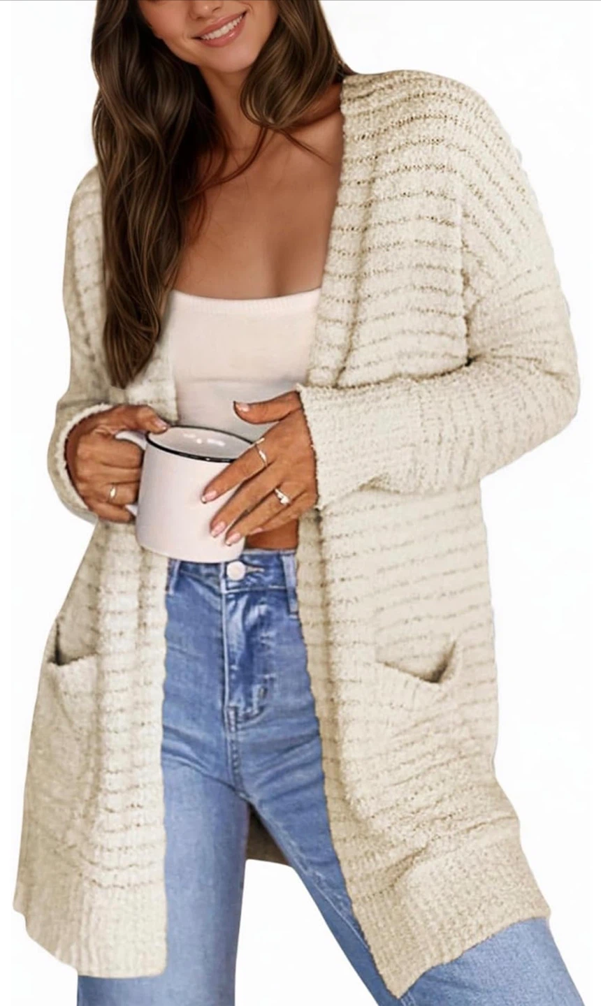 NEW! CiCiBird Cream Open-Front Fluffy Cardigan with Pockets