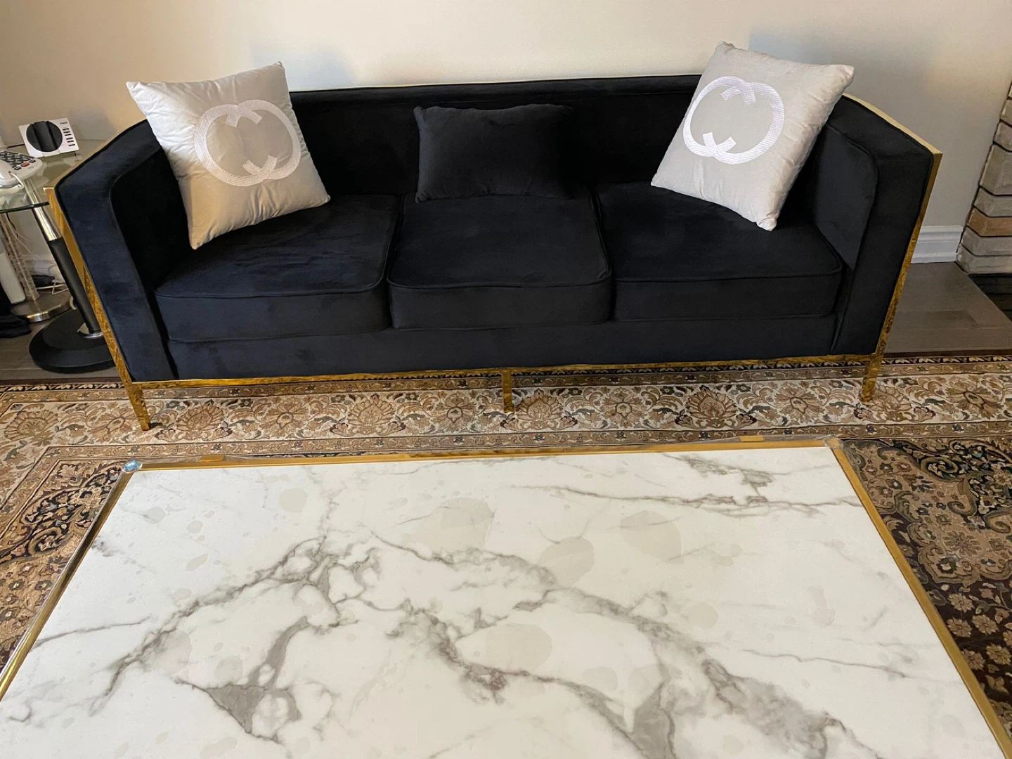 Black Velvet Sofa Set with Gold Trim - photo 4