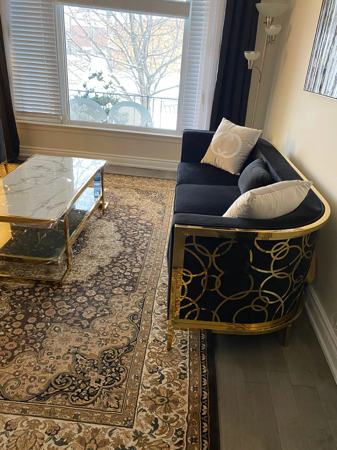 Black Velvet Sofa Set with Gold Trim - photo 2