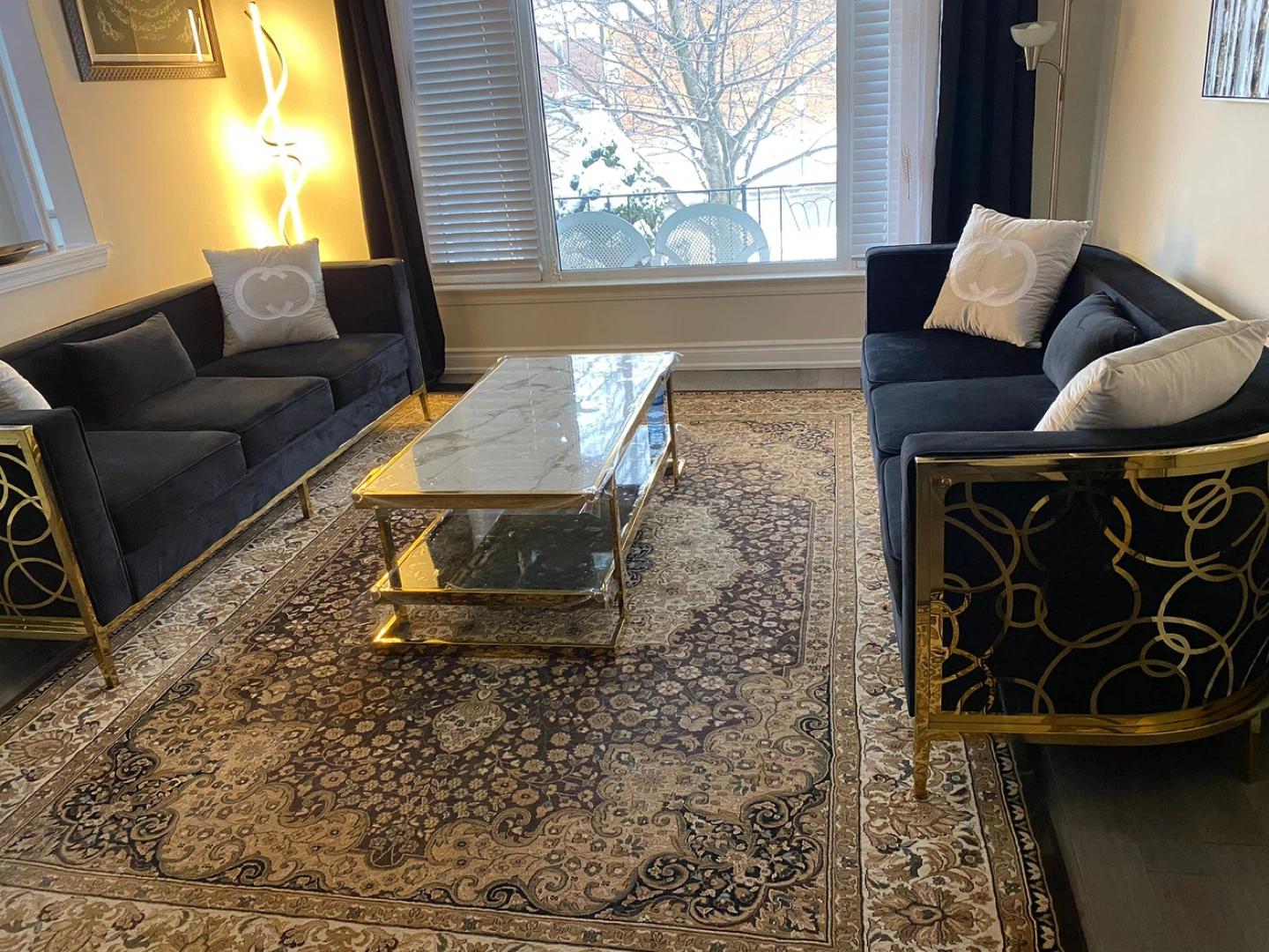Black Velvet Sofa Set with Gold Trim - photo 3