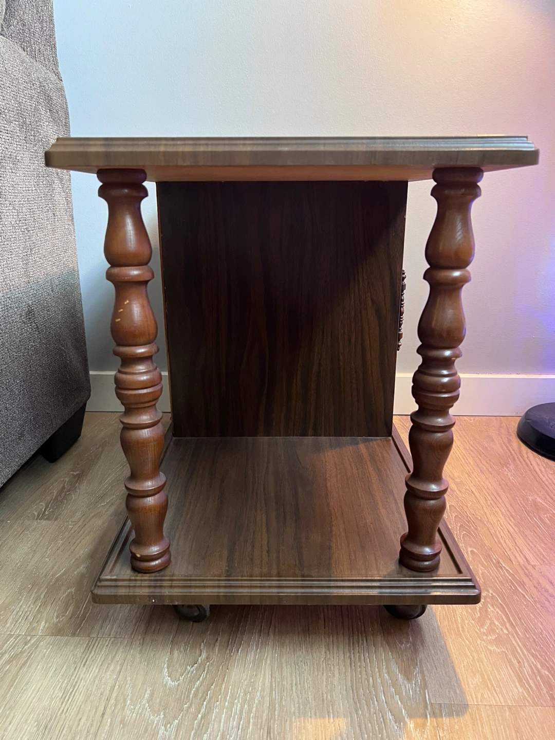 Vintage Brown Wood Side Table with Door and wheels - photo 4