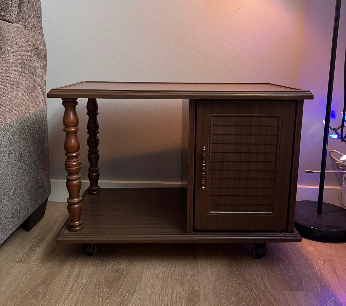 Vintage Brown Wood Side Table with Door and wheels
