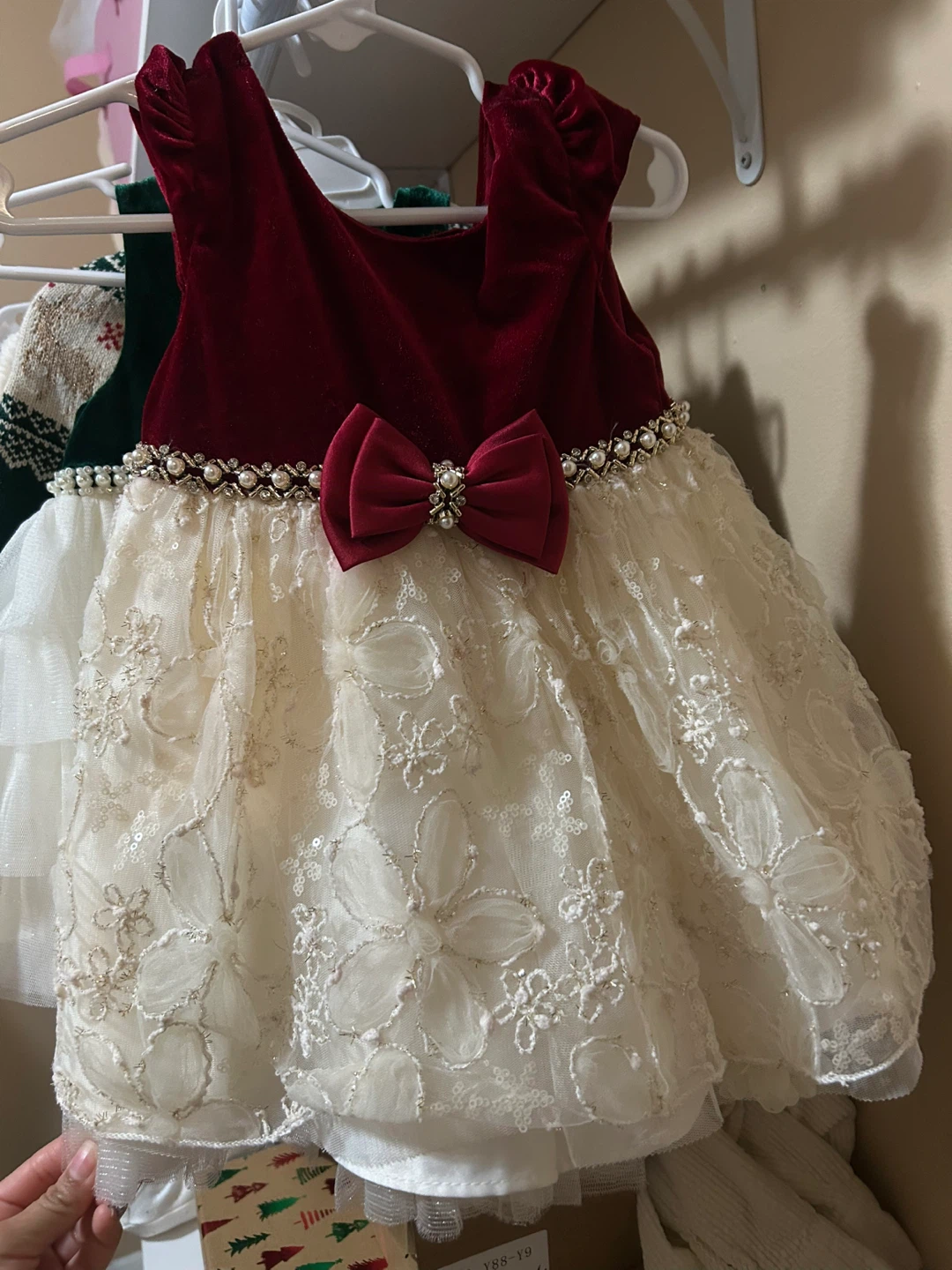 Girls Red Velvet & Lace Dress