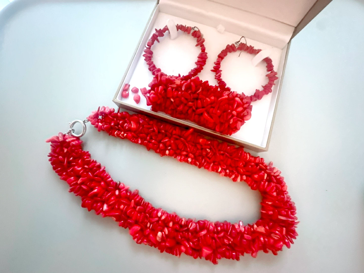 Red Coral Necklace, Bracelet & Earrings Set