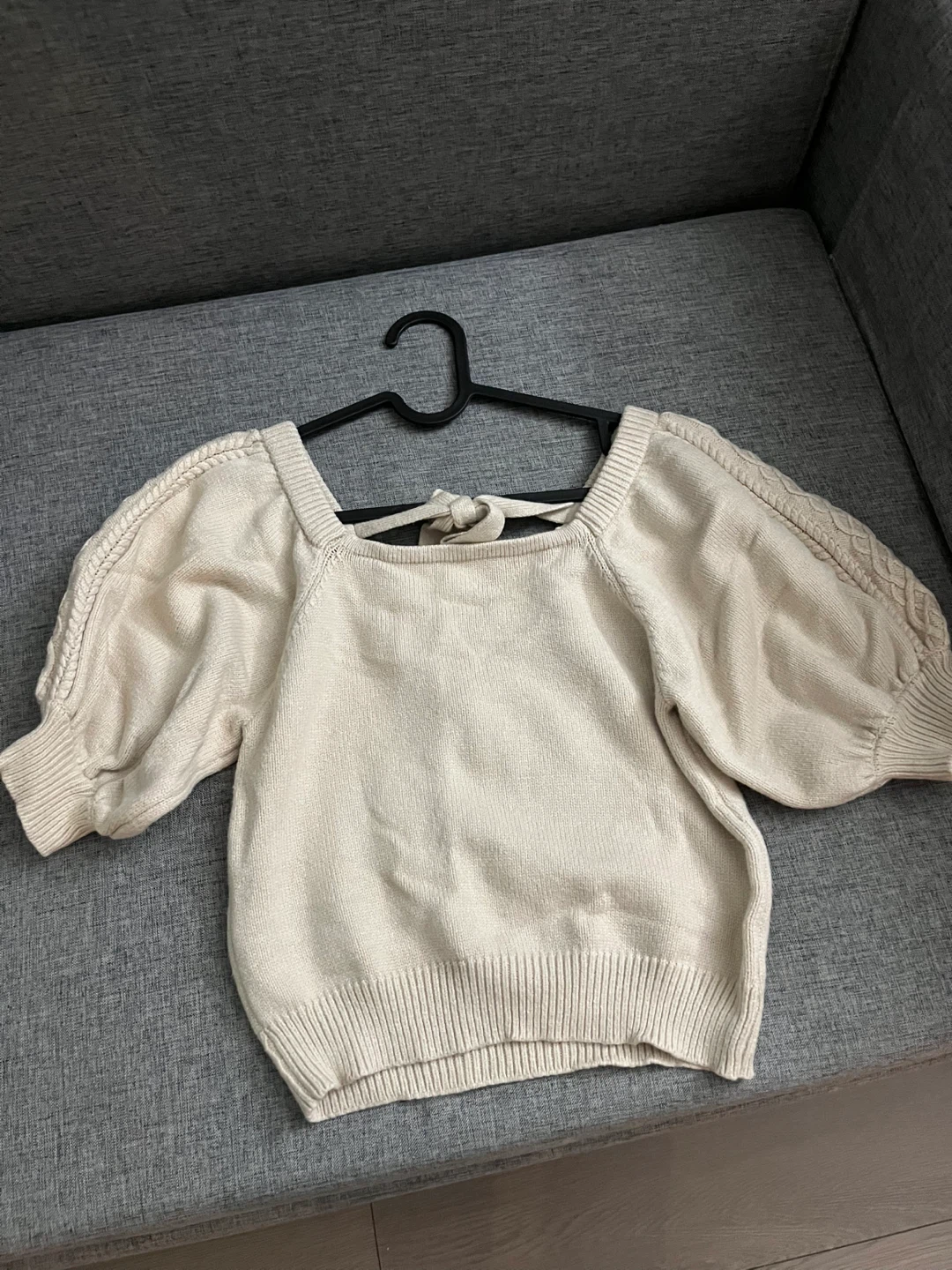 Beige Knit Top with Cable Knit Sleeves