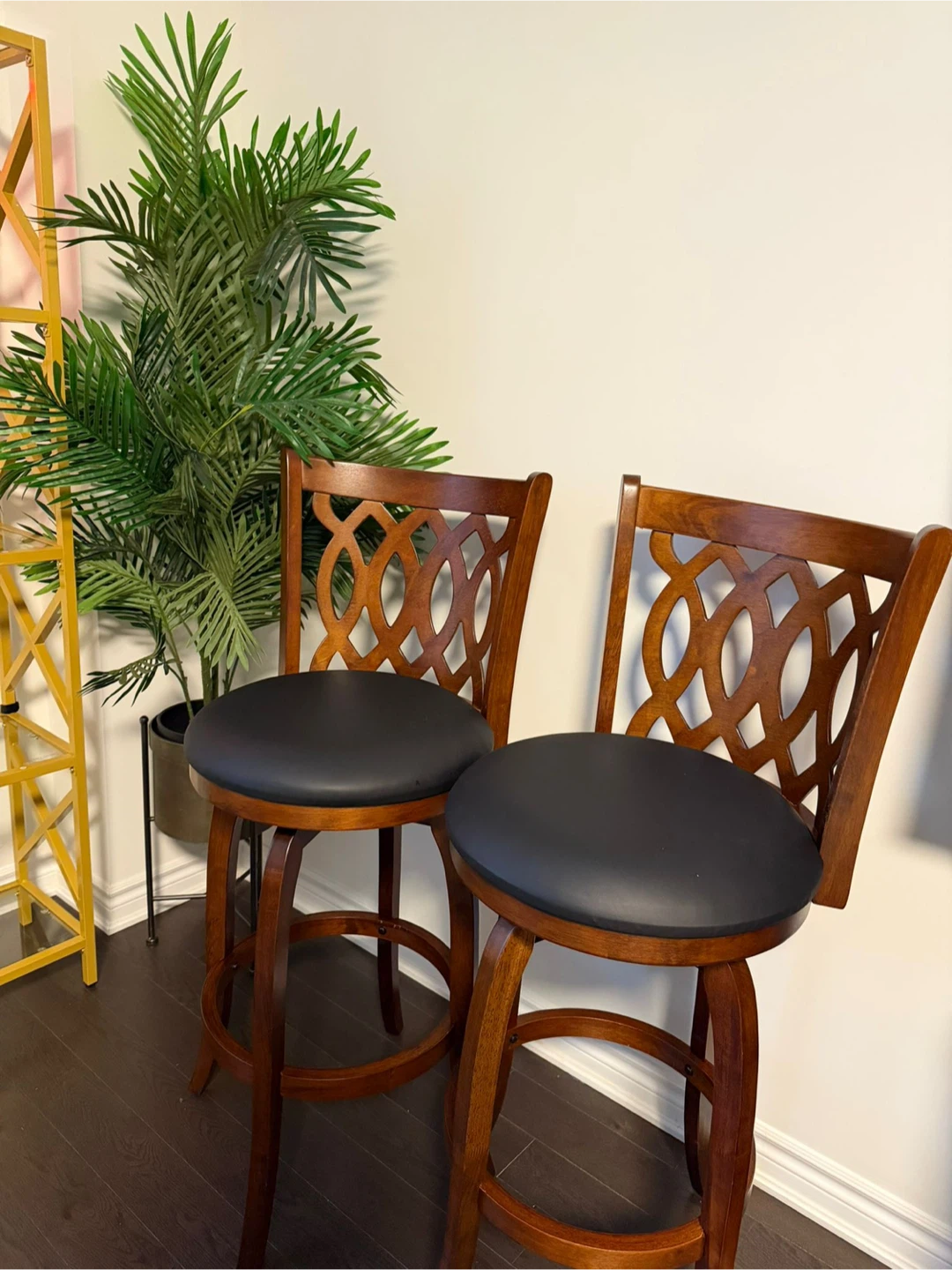 Set of 2 Brown Wooden Bar Stools with Black Leather Seats