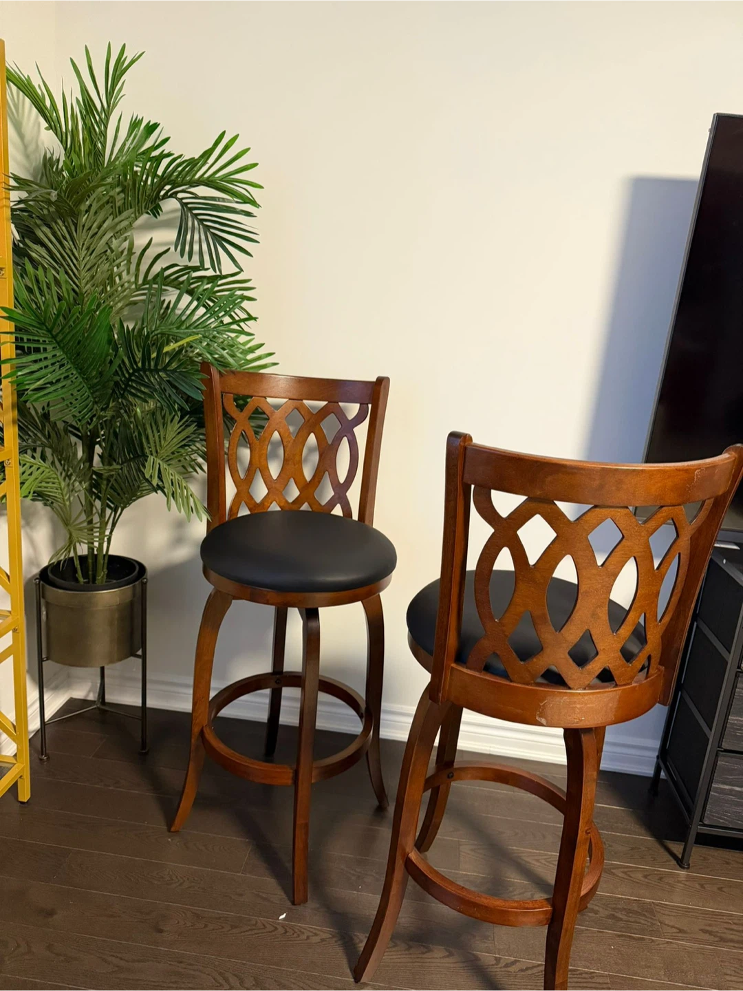 Set of 2 Brown Wooden Bar Stools with Black Leather Seats - photo 5