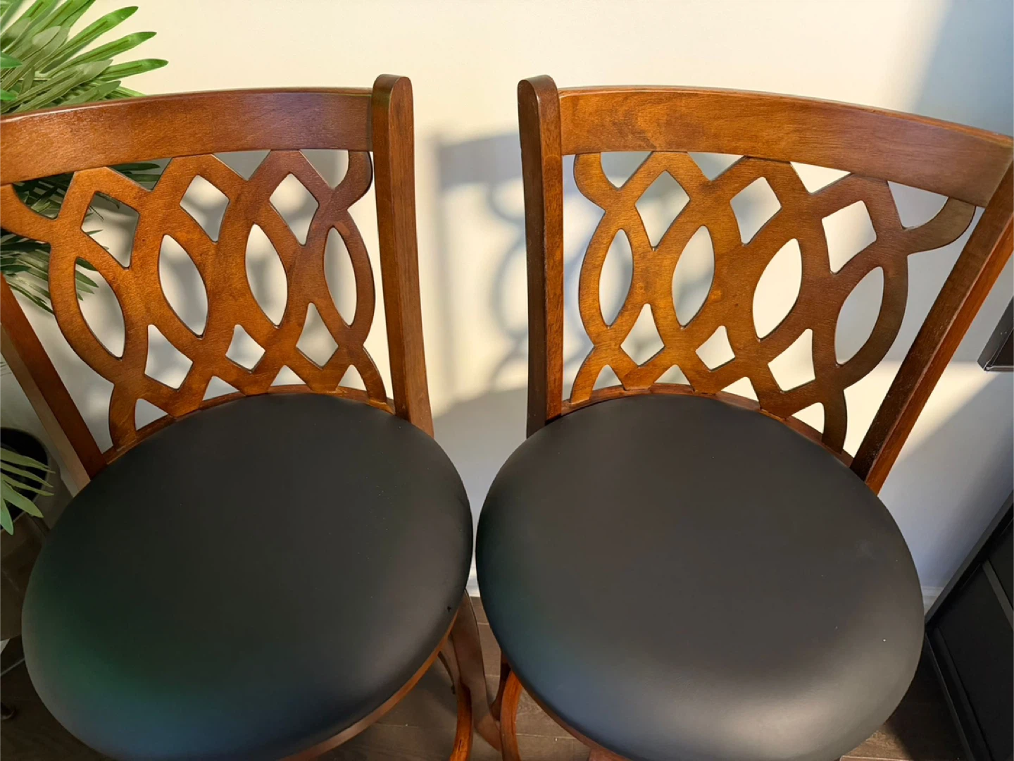 Set of 2 Brown Wooden Bar Stools with Black Leather Seats - photo 2